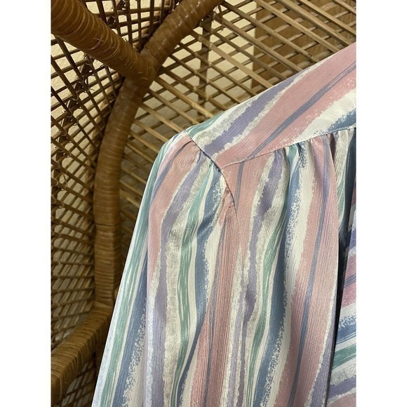 Vintage 70s Large Pykettes Pink Blue Polyester Collared Button Up Blouse Size 16 - Picture 6 of 6